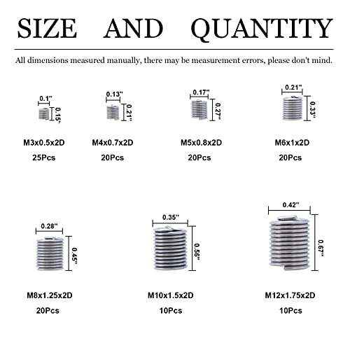 thread repair insert assortment kit helicoil type screw wire sleeve 304 stainless steel metric m3 m4 m5 m6 m8 m10 m12 wire thread inserts heli coil thread repair kits 125pcs