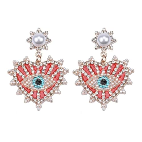 Belachick Hermoso Pendientes Aretes Mujeres Joyería Earrings Personalidad Pendientes Ojo De Diablo En Forma De Corazón para Mujer Fiesta Rojo