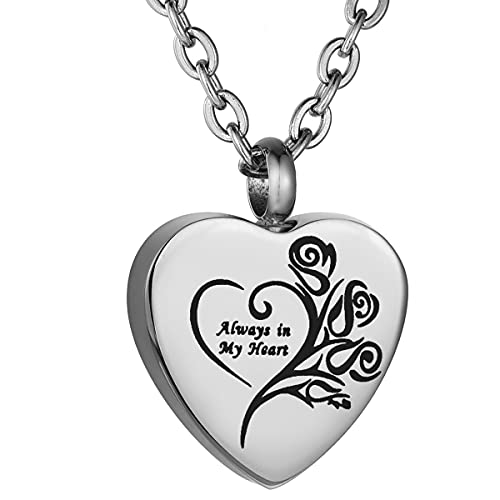 COCO Park Stainless Steel Cremation Jewelry Always in My Heart Rose Memorial Keepsake Pendant Urn Necklace for Ashes