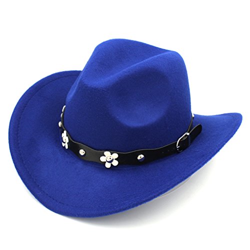 Kids Children Western Cowboy Hat Girls Cowgirl Cap w/Flower Studded Leather Belt Decorations for Halloween Birthday Party (Blue), 20.5-21.3in(52-54cm)