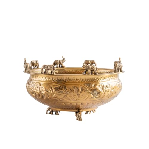 Image of INDIAN ART VILLA Brass Embossed Urli with Elephant Statues, Traditional Decorative Pooja Bowl, Home Decor Centerpiece, Ideal for Festivals, Weddings, Gifting, and Cultural Celebrations, 10 Inches