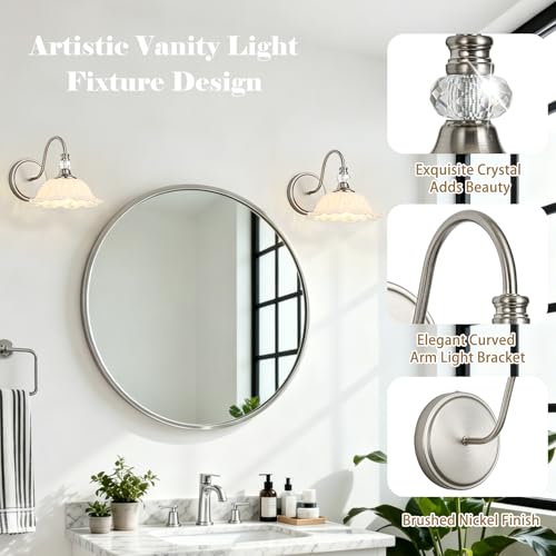 Image of 1 Piece Brushed Nickel Wall Sconce with Floral White Glass Shade, Brushed Nickel Finish Wall Mount Lighting for Bathroom, Modern Bathroom Vanity Light Fixture