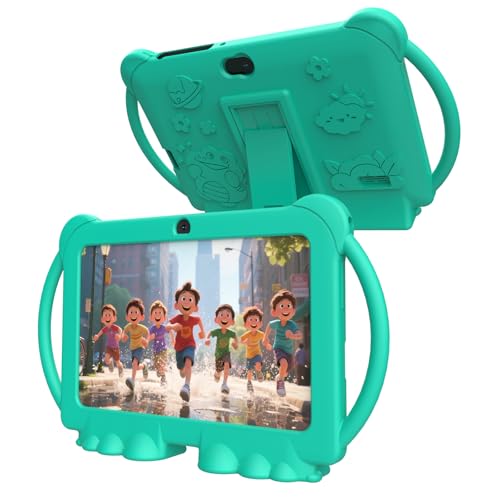 PEICHENG Kids Tablet 7 inch Android 12.0 for Toddler, 4GB RAM 32GB ROM Bluetooth IPS Screen Parental Control Dual Camera Shockproof Case for Educational Games, (Green)
