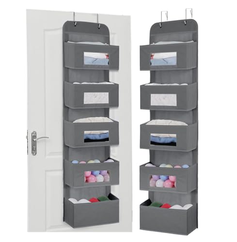 Image of MAX Houser 5-Shelf Over The Door Hanging Organizer with 2 Metal Hooks, 5 Pocket Over The Door Wall Mount Storage with Clear Windows for Baby Nursery Bathroom Closet,Bedroom,Dorm,Diapers,Kids Toy(Gray)