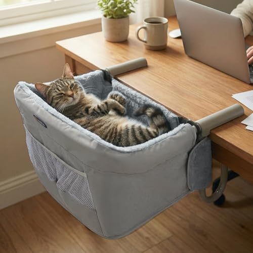 Veehoo Cat Desk Bed Dog High Chair for Table Cat Desk Perch Seatmate Chairs for Dogs Soft Faux Rabbit Fur Material Suitable for Various Desktops-Maximum Hold Up to 50lb