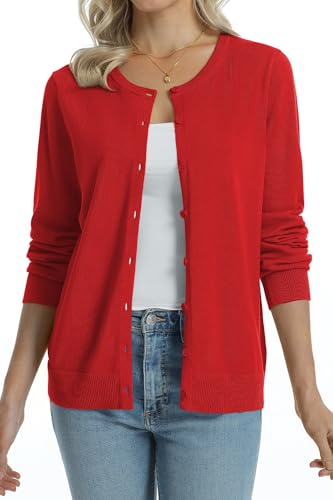 Image of QUALFORT Women's 100% Cotton Lightweight Cardigans Long Sleeve Knitted Button Down Sweater
