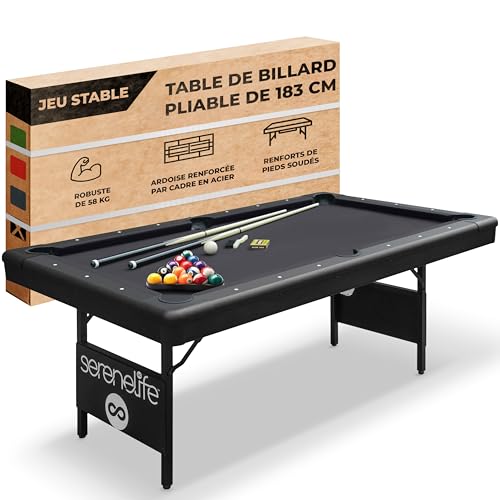 SereneLife Table de Billard Pliante de 1,8 m – Meilleure stabilité – Cadre en Acier, Ardoise entièrement soudée, Supports de Pieds soudés avec verrous...