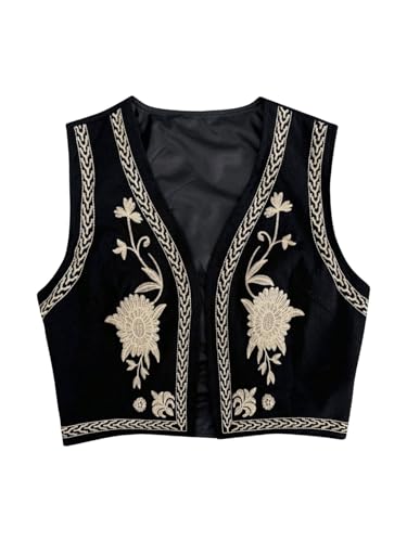 GORGLITTER Damen Ärmellose Weste mit Stickerei Kurze Weste Tops Vintage Jacke Westen Ärmellose Jacke Leicht Cardigan Schwarz XL