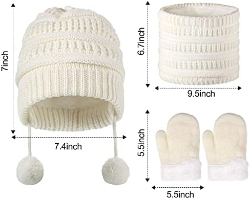 3 Pieces Toddler Winter Beanie Cap Scarf Gloves Set Knit Neck Warmer Thick Warm Fleece Lined Thermal Set Beanie Thicken Furry Mittens for 1-3 Year Toddler Baby Girls Boy White