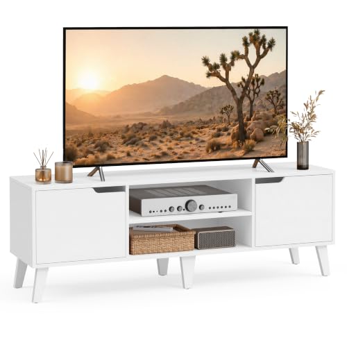 Image of VASAGLE TV Stand for 65'' TV, Entertainment Center with Adjustable Shelf | 58'' Long Media Console for Living Room, Mid-Century Modern TV Table with Storage, White, MIRANTA Collection ULTV556W101S