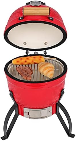 13 Inch Ceramic Charcoal Grill – Red Kamado Style BBQ Smoker with Heat Retention, Portable Egg-Shaped Outdoor Grill for Smoking, Baking, and Roasting