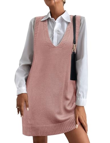 Image of Zeagoo Womens Sweater Vest Dress Pattern Knitted Pullovers Sweaters V Neck Tank Sweater Dress with Pockets