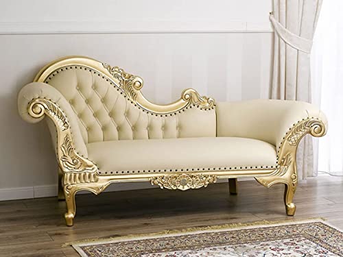 Image of Chaise Lounge Royal Carving Sofa Design Golden Polished and Leatherette Cover (Cream) 3-Person Sofa