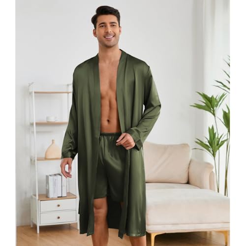 Mens Satin Kimono Robe and Shorts Set, Silky Soft Solid Color Elastic Waist Shorts Set Loungewear Nightwear2