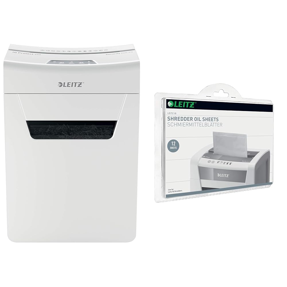 Leitz IQ 6M Premium Aktenvernichter P5 für Büro und Zuhause & Ölblätter, 12 Stück, für IQ und Andere Marken, 80070000