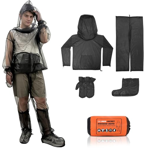 4-Piece Mosquito Suit L/XL for Men & Women Full Body Bug Jacket with Zippered Hood Pants Gloves & Foot Covers Ultra-Fine No-See-Um Mesh Breathable Insect Protection for Camping Fishing Gardening