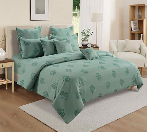 Image of Swayam Zinnia Collection Premium Mercerized Pure Cotton 250TC Ethnic Motif Print King Bedsheet with 2 Pillow Covers - Green