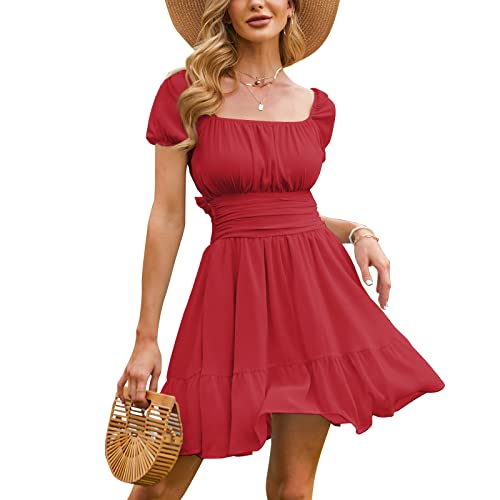 EXLURA Vestido feminino casual de manga bufante com decote quadra...