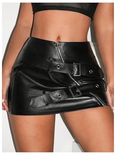 WDIRARA Women's Zip Front Buckle PU Leather Bodycon Mini Skirt Rave Club Y2k Skirt3