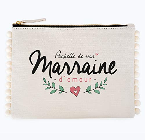 Pochette pompon - Pochette de ma marraine d'amour | Manahia | Pochette en coton avec pompon | cadeau marraine - cadeau bapteme - annonce marraine