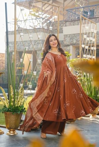 Image of ANNI Designer Women's Viscose Blend Umbrella Style Printed Kurta Palazzo with Dupatta | Elegant Kurta Set for Women | Stylish Palazzos & Dupatta Set | Ethnic Wear for Women