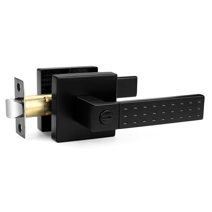 Probrico Privacy Door Handle Non-Slip Grip, Heavy Duty Interior Door Handles for Bathroom Bedroom with Lock, Square Knob Lockset for Left and Right