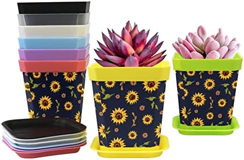8 PCS Pots for Plants Oil Painting Sunflower Flowers Dark Color Background Plastic Planters with Drainage Holes and Tray, Plant Pots for Indoor Outdoor Flowers Succulents (Plants Not Included)