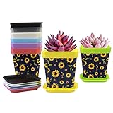8 PCS Pots for Plants Oil Painting Sunflower Flowers Dark Color Background Plastic Planters with Dra