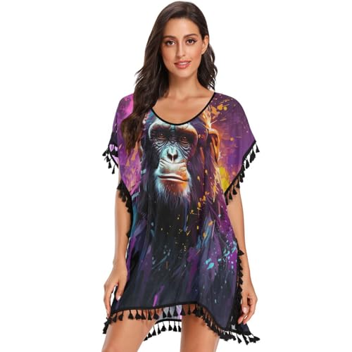 Purple Monkey Fire Chimpanzee Women's Beach Cover Up Chiffon Tassel Swimwear Swimsuit Coverups for Girl