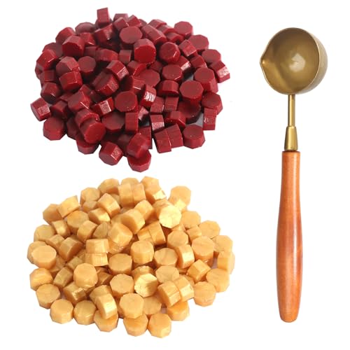 400 Stück Siegelwachs Gold Siegelwachs Rot Siegelwachs Perlen mit 1 Wachsschmelzlöffel Wachssiegel Stempel Siegelwachs Set für Einladungen Karten Umschläge Weinpakete Geschenkverpackungen