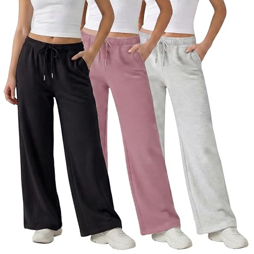 Common Stitch 3 Pack Wide Leg Fleece Lounge Sweatpants for Women — Deep Pockets, Relaxed Fit, Elastic Drawstring Waist