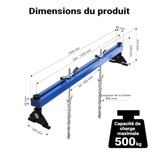 WilTec Pont Moteur Boite à Vitesse 500 kg Max. Bleu – Barre Traverse Garde-Boue – Support Moteur – Poutre de Levage Moteur – Hauteur Levage 20 cm – Équipement Garage Atelier Voiture – vue 3