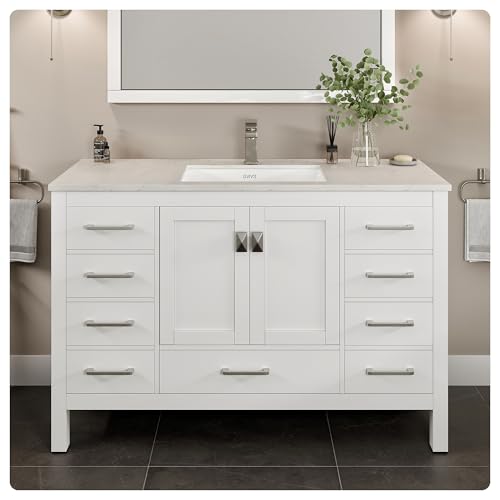 Eviva London 54 Inch Bathroom Vanity with Countertop, White Vanity Bathroom Sink Cabinet W/Quartz Countertop Porcelain Single Sink Design for Modern Bathrooms