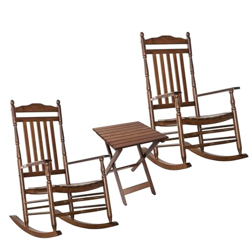 Wooden Rocking Chair for Adults 3 Piece Outdoor Furniture Set with Outside Side Table for Patio...