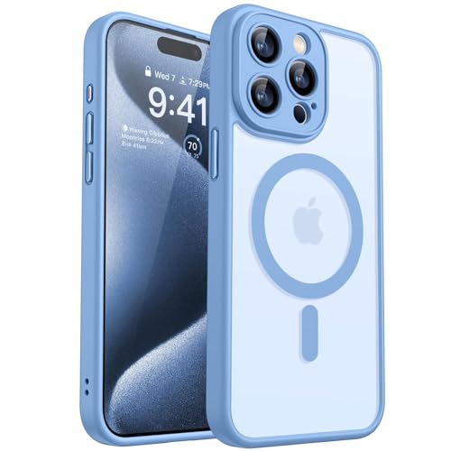 CANSHN Magnetic Compatible with iPhone 15 Pro Max Case Upgraded [Full Camera Protection] [Compatible with Magsafe] [Translucent Matte] Shockproof Protective Phone Case Cover 6.7 Inch - Light Blue