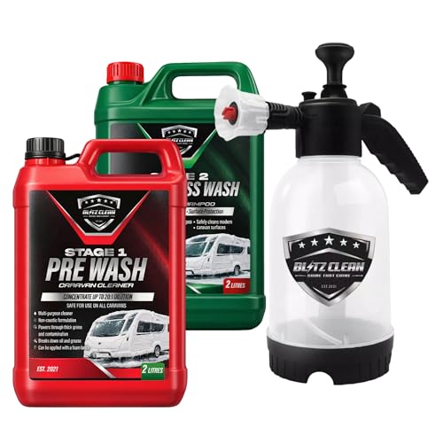 Concentrated Caravan Cleaning Kit with Pump Handheld Sprayer Stage 1 Pre Wash Cleaner & Stage 2 Super Carnauba Wax Shampoo Exterior Cleaning for Caravans & Motorhomes(2L Stage 1/Stage 2 + Sprayer)