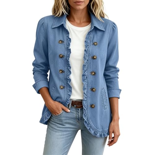 Denim Jacket for Women Fall Ruffle Trim Open Front Button Down Peplum Coat - image 5