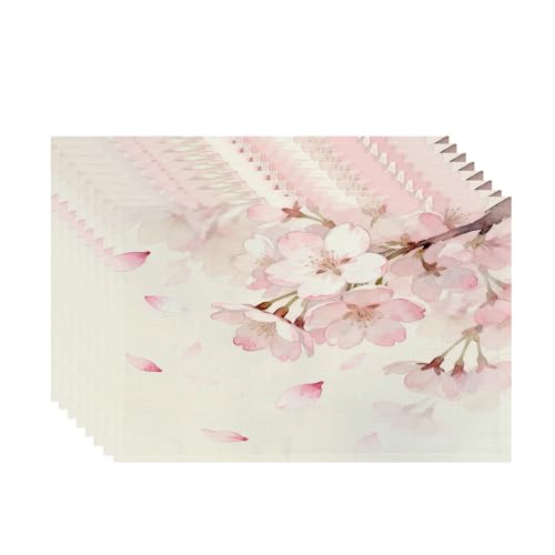 Batmerry Vintage Cherry Blossom Linen Placemats Set of 8, Delicate Watercolor Pink Flowers Washable Table Mats for Kitchen Table Thickened Heat Insulation Dining Set Indoor Outdoor 12X18 in