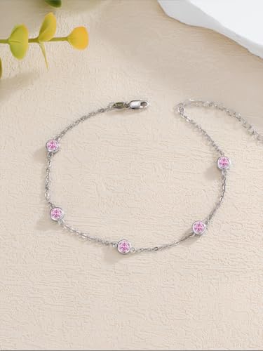Image of Dorunmo Heart Birthstone Bracelets 925 Sterling Silver Round Birthstone Anklet for Women Birthday Jewelry Gifts for Girlfriend Wife Mother Her
