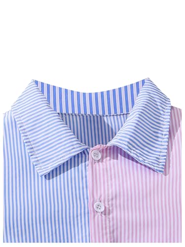 OYOANGLE Girl's Color Block Striped A Line Midi Dress Button Down Short Sleeve Collared Shirt Dresses3