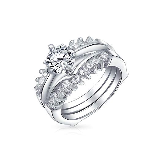 1CT brillante Schnitt Runde Solitär AAA CZ Band Inset Guard Enhancer Verlobung Seher Ring Set 925 Sterling Silber