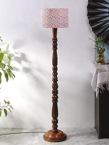 Image of Cotton Shade Floor Lamp with Wooden Base - Height 56 Inches, Colour | Modern Standing Lamp for Living Room, Bedroom, Office | Stylish & Decorative Home Lighting | Elegant Decor