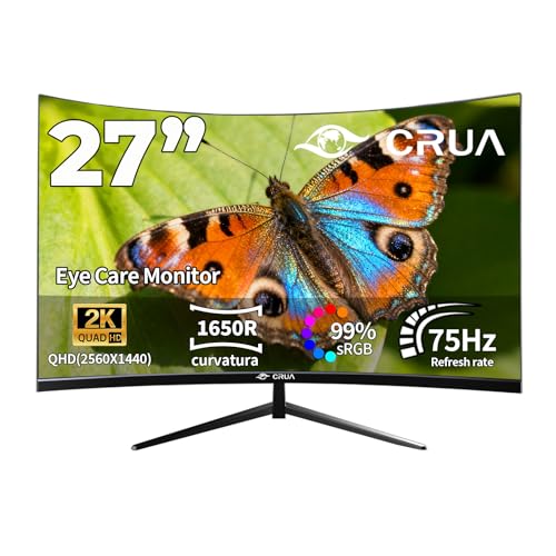 CRUA 27 Zoll QHD (2560x1440) Monitor|2K 75Hz Computer Monitor 27 Zoll 1440p Monitor mit HDMI,DP und Wandmontage| 1440P Eye Care PC-Büromonitor zum Arbeiten und Spielen