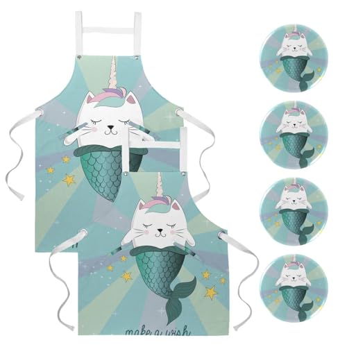 Lot de 2 tabliers de cuisine chat licorne sirène multicolores