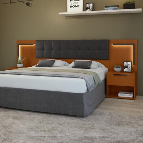 Cabeceira Casal/Queen 160cm 2 Mesas de Cabeceiras com Led Calitan Frassino/Preto Fosco
