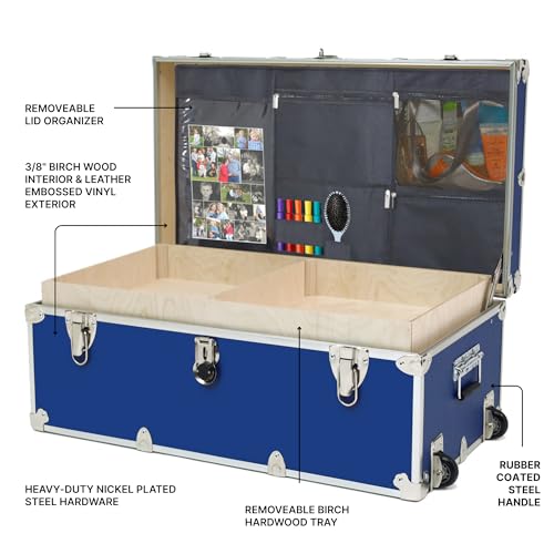Image of Large Essential Trunk With Wheels, Tray, & Lid Organizer - 32 inchx18 inchx14 inch, 1000+ lbs Capacity. Strong, USA Made Summer Camp Footlocker, and Secure College Dorm Storage Chest