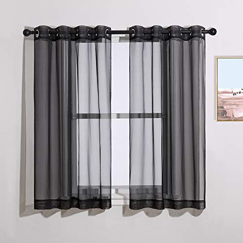 Image of NICETOWN Sheer Curtains for Windows 54 inch Long, Ring Top Soft Voile Sheer Texture Classic Window Treatment with Light Through for Bedroom /Living Room, Black, 54 inch Wide, 2-Pack