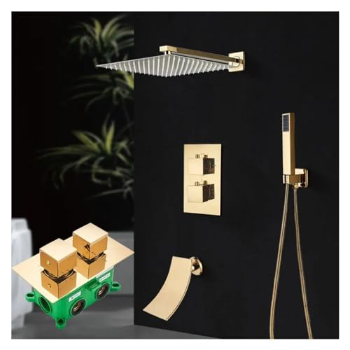 Pommeau effet pluie or brillant et colonne thermostatique au design luxueux