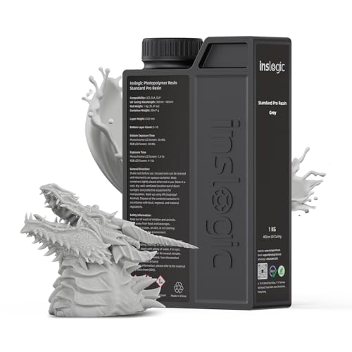 Inslogic 3D Printer Resin Upgraded Standard Pro Fast Curing 3D Resin 395 to 405nm UV Curing 3D Printing Liquid Photopolymer Resin Stronger Toughness Standard Pro Resin 1KG (Grey)
