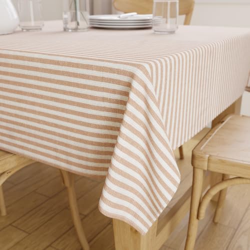 Image of Encasa XO Cotton Square Table Cloth for 4 Seater | (145x145 cm) | Ticking Beige | Dining Tablecloth for Decoration